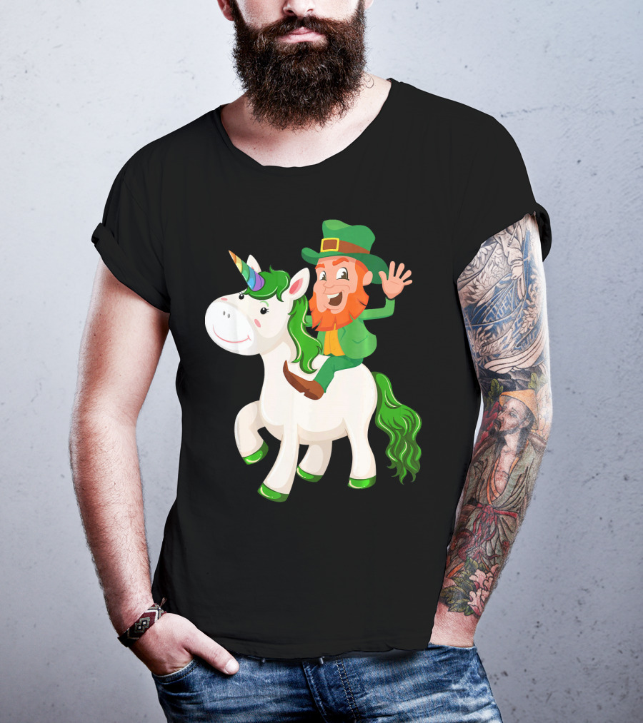 Unicorn Leprechaun Celebration Characters Green Hat And Red Beard Riding Playful Creature T-Shirt