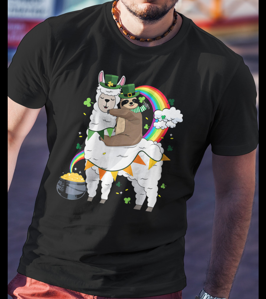 St. Patrick's Day Sloth Leprechaun With Rainbow And Gold On Llama T-Shirt