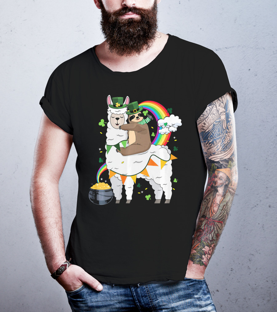 St. Patrick's Day Sloth Leprechaun With Rainbow And Gold On Llama T-Shirt