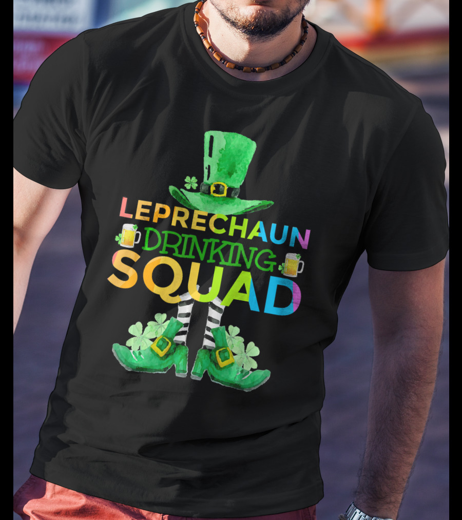 Leprechaun Drinking Squad Beer Rainbow Hat Clover Stripes T-Shirt