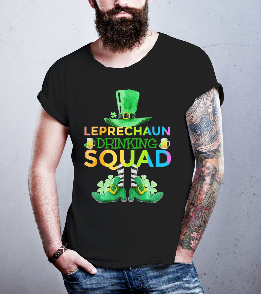 Leprechaun Drinking Squad Beer Rainbow Hat Clover Stripes T-Shirt