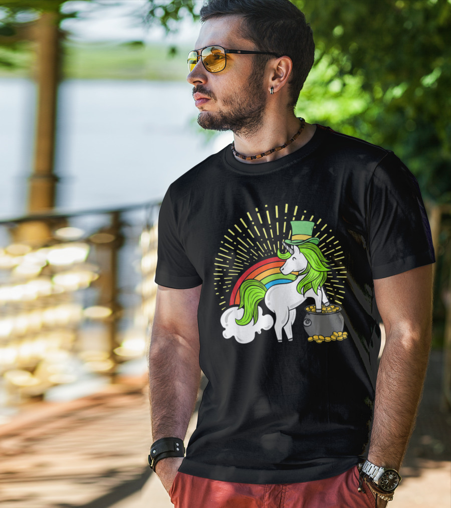St Patricks Day Unicorn Shamrock Rainbow Pot Of Gold T-Shirt