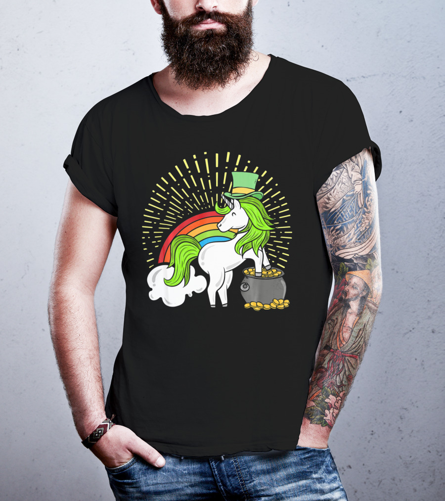 St Patricks Day Unicorn Shamrock Rainbow Pot Of Gold T-Shirt
