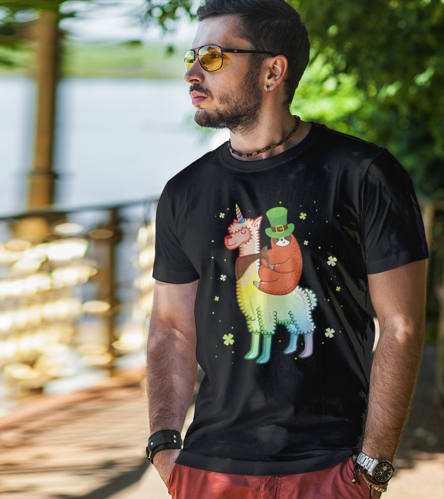 Cute Sloth Leprechaun Riding Rainbow Unicorn Llama With Shamrocks T-Shirt