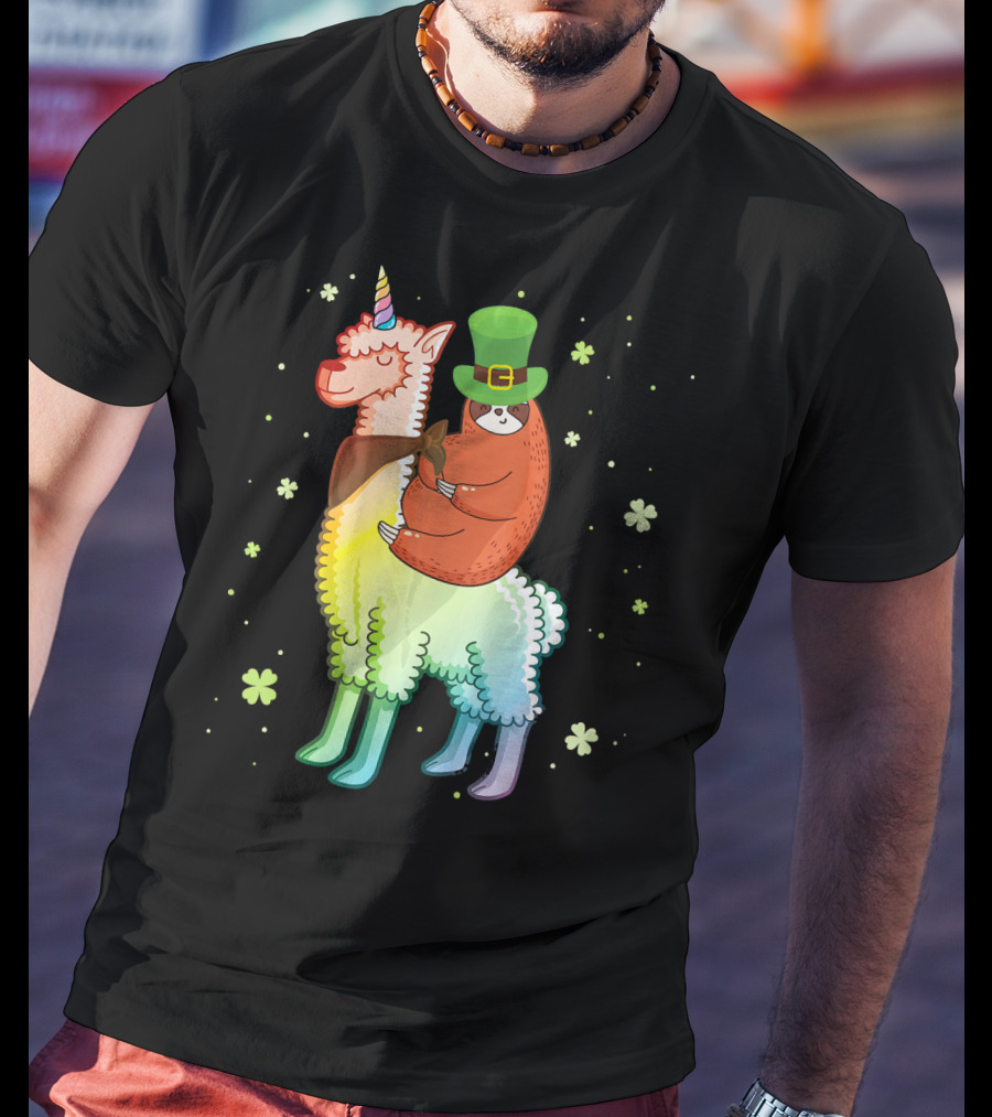 Cute Sloth Leprechaun Riding Rainbow Unicorn Llama With Shamrocks T-Shirt