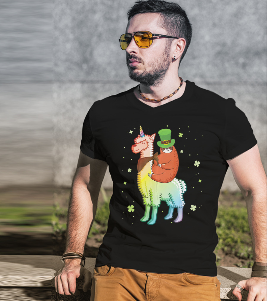 Cute Sloth Leprechaun Riding Rainbow Unicorn Llama With Shamrocks T-Shirt
