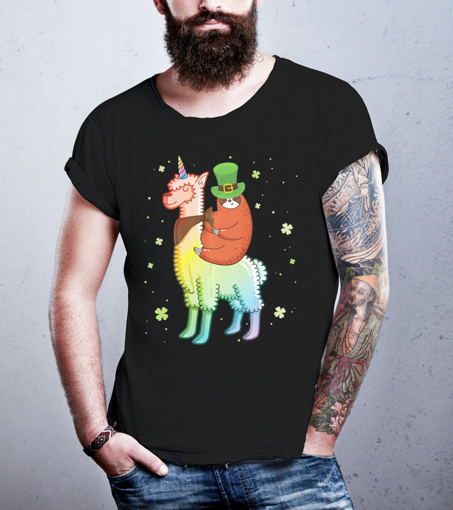 Cute Sloth Leprechaun Riding Rainbow Unicorn Llama With Shamrocks T-Shirt