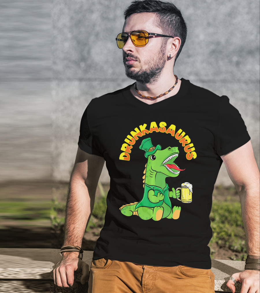 Drunkasaurus Leprechaun Dinosaur With Beer Drink T-Shirt