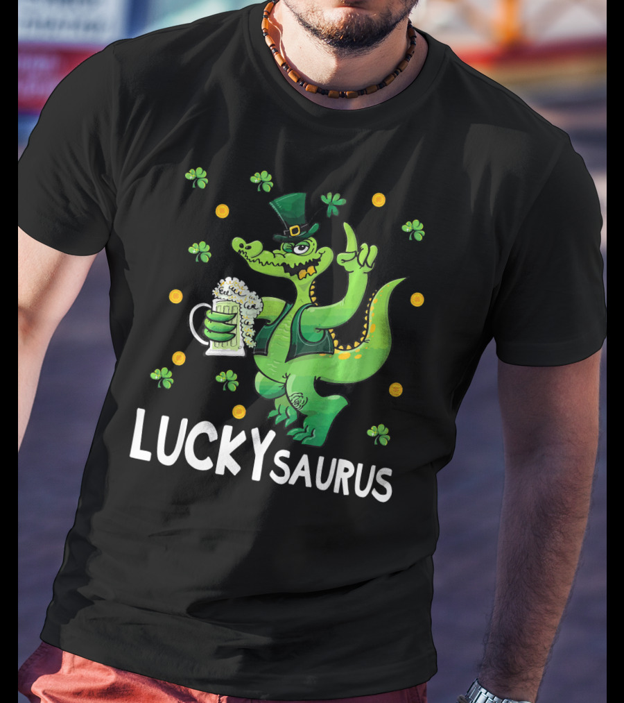 Luckysaurus Dinosaur Leprechaun Drinking Green Beer With Shamrocks And Coins T-Shirt