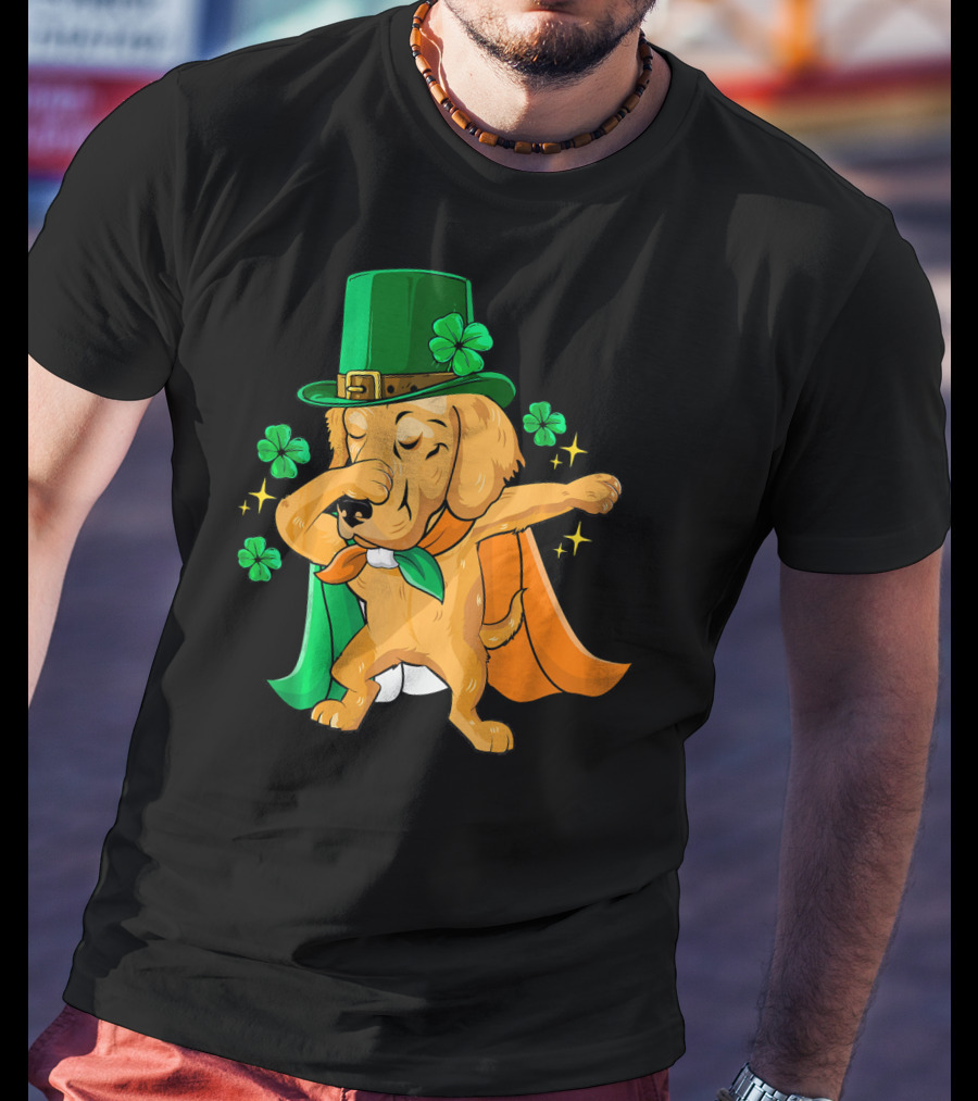 Golden Retriever Dabbing In Leprechaun Hat With Shamrock Cape T-Shirt