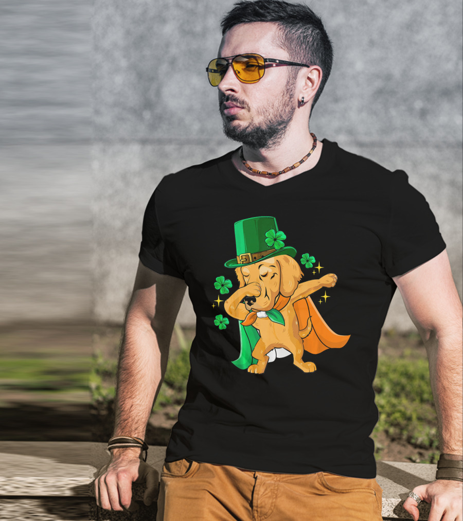 Golden Retriever Dabbing In Leprechaun Hat With Shamrock Cape T-Shirt