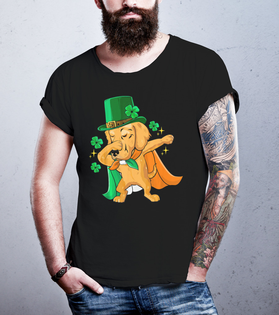 Golden Retriever Dabbing In Leprechaun Hat With Shamrock Cape T-Shirt