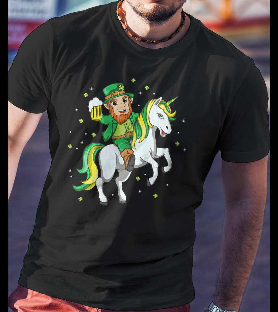 Lepricorn Irish Unicorn With Beer Mug And Shamrocks T-Shirt