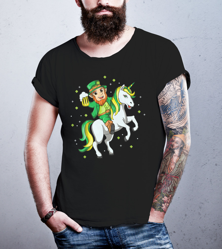 Lepricorn Irish Unicorn With Beer Mug And Shamrocks T-Shirt