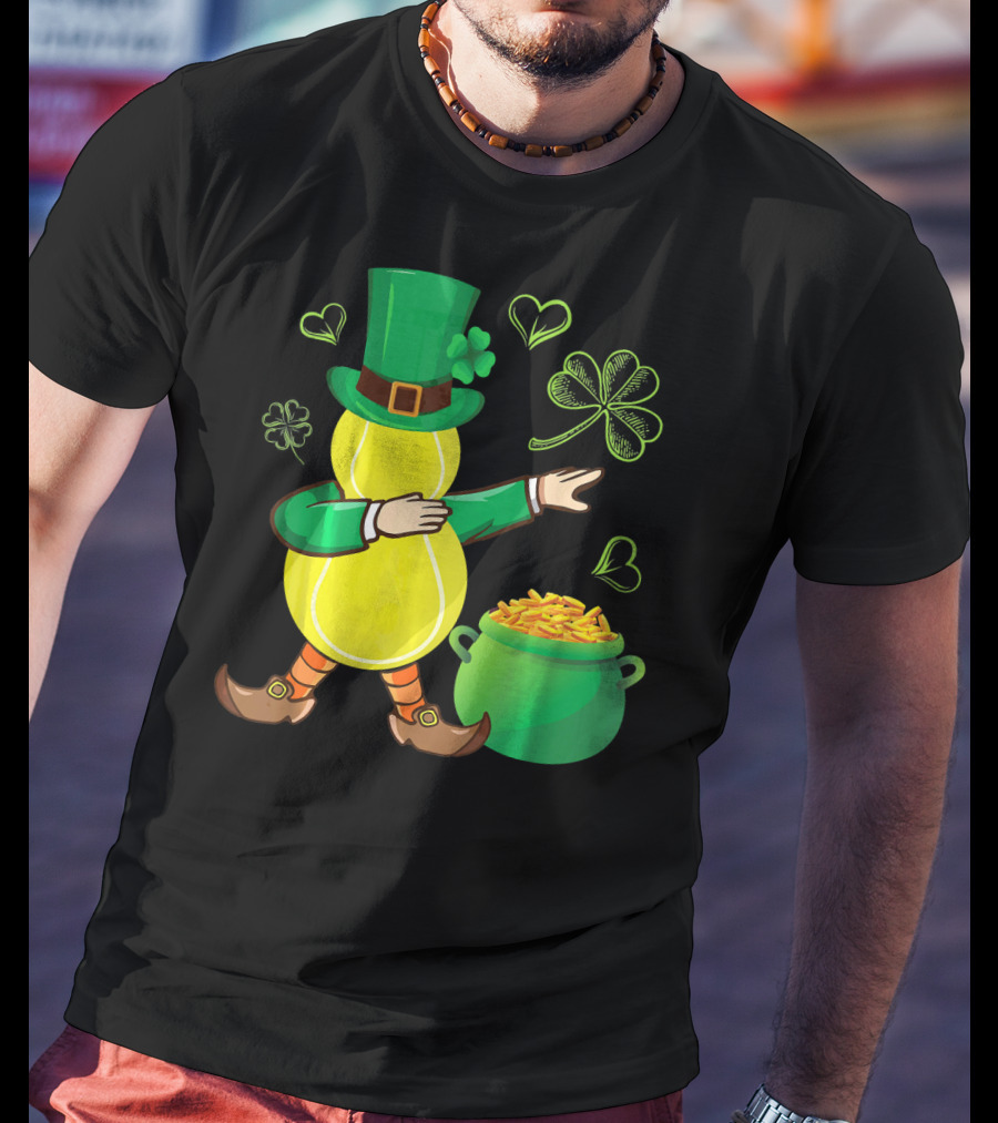 Tennis Leprechaun Dabbing With Gold Pot And Shamrocks T-Shirt
