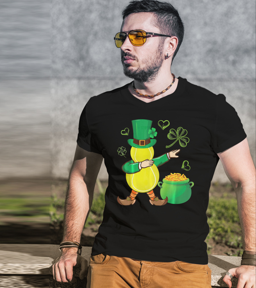 Tennis Leprechaun Dabbing With Gold Pot And Shamrocks T-Shirt