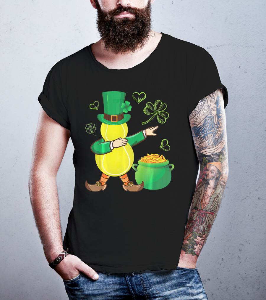 Tennis Leprechaun Dabbing With Gold Pot And Shamrocks T-Shirt