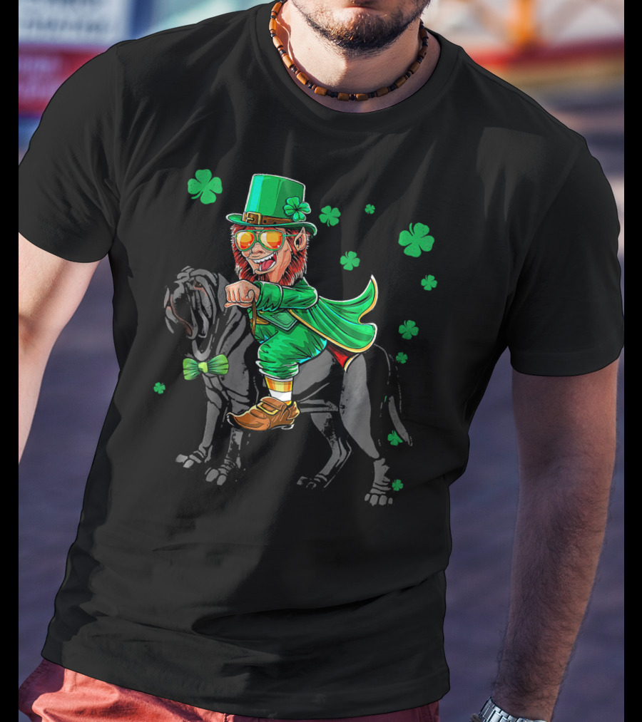 Leprechaun Riding Neapolitan Mastiff With Shamrock Accents T-Shirt