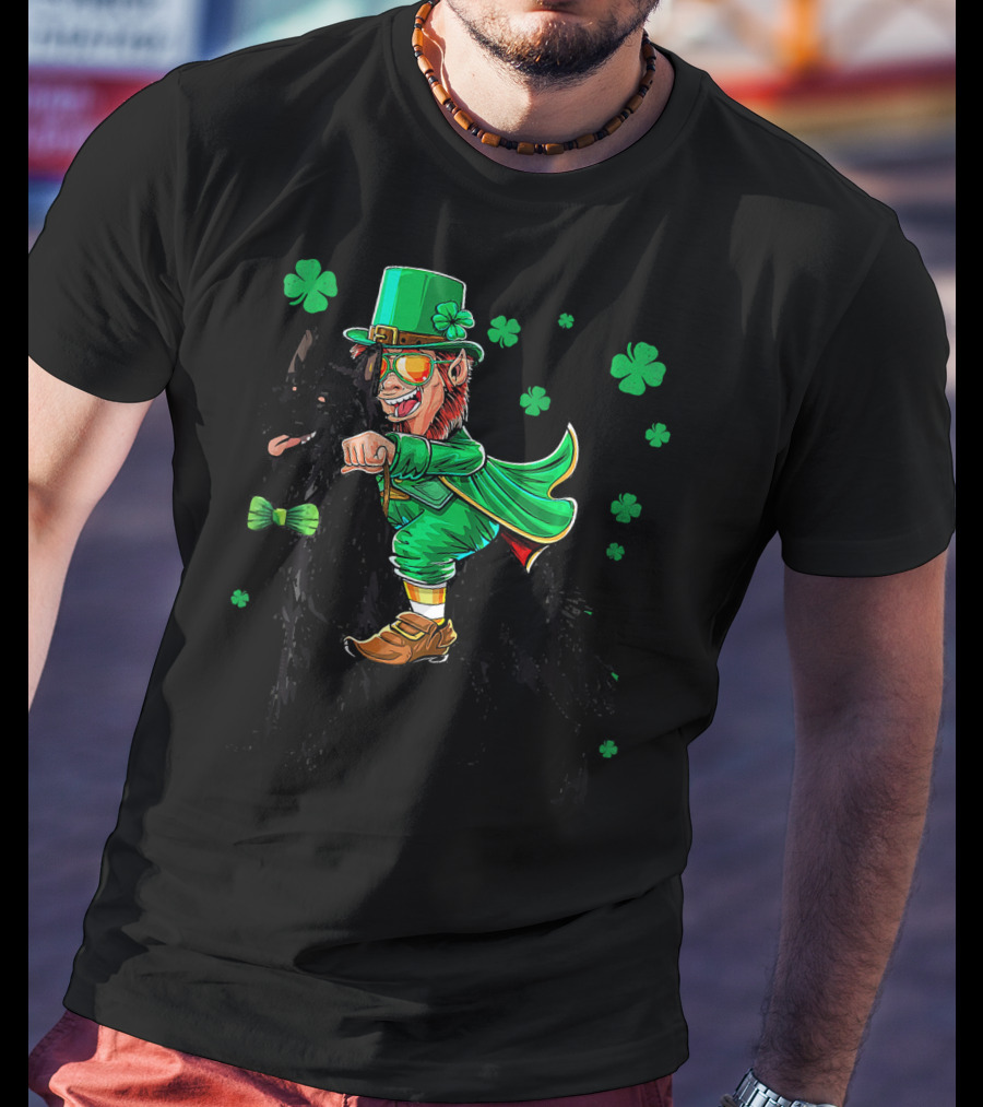 Leprechaun Riding Belgian Sheepdog With Shamrocks T-Shirt