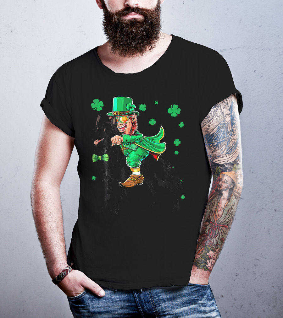 Leprechaun Riding Belgian Sheepdog With Shamrocks T-Shirt