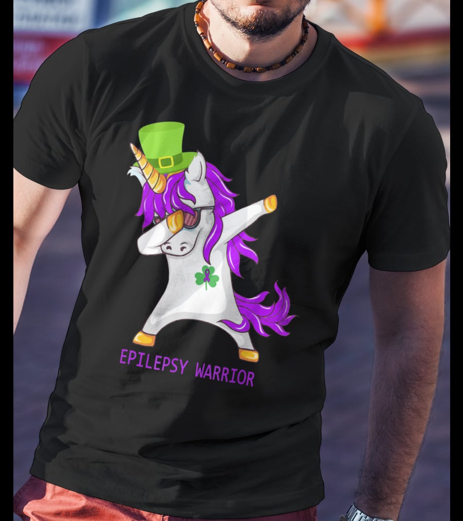 Unicorn Epilepsy Warrior Dabbing With Green Hat And Shamrock T-Shirt