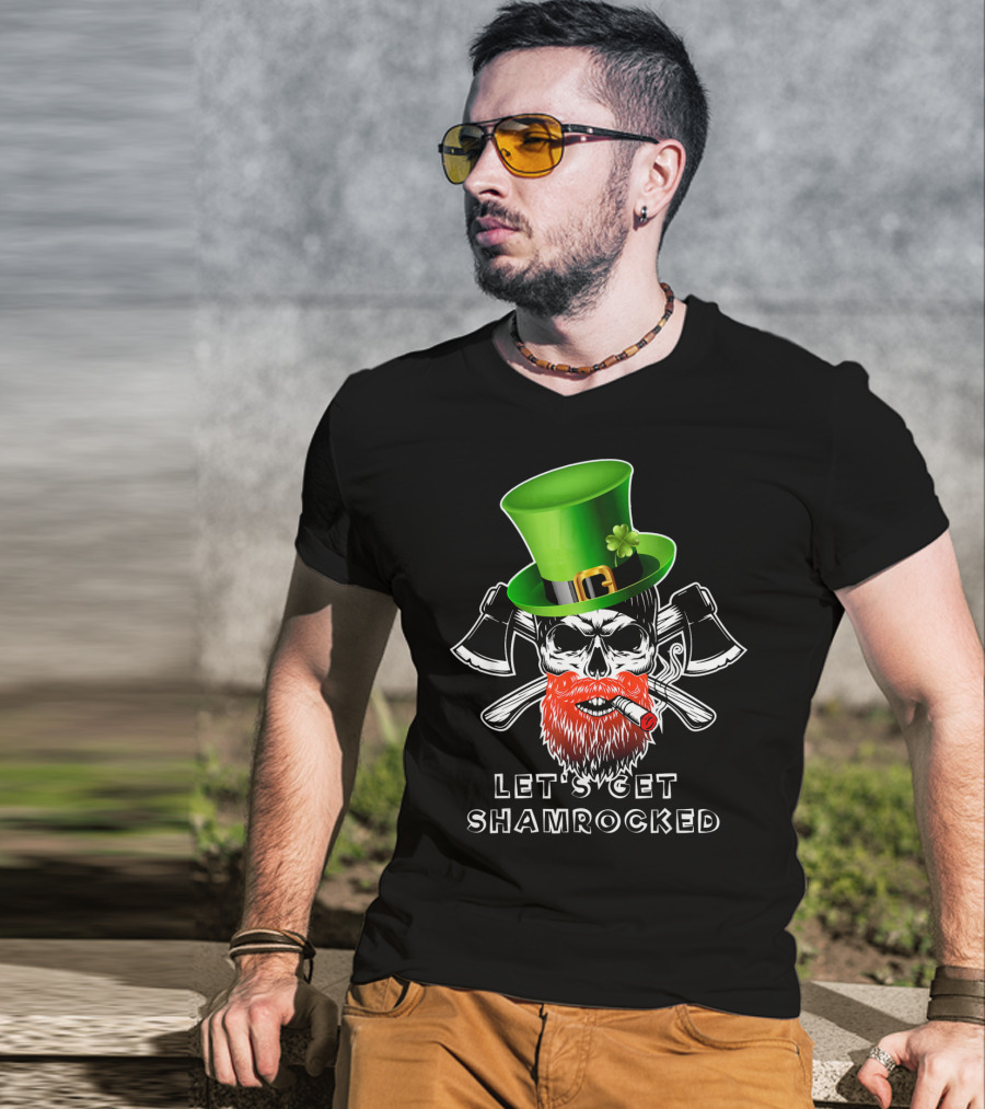 Let's Get Shamrocked St Patrick's Day Skull With Green Hat And Axes T-Shirt