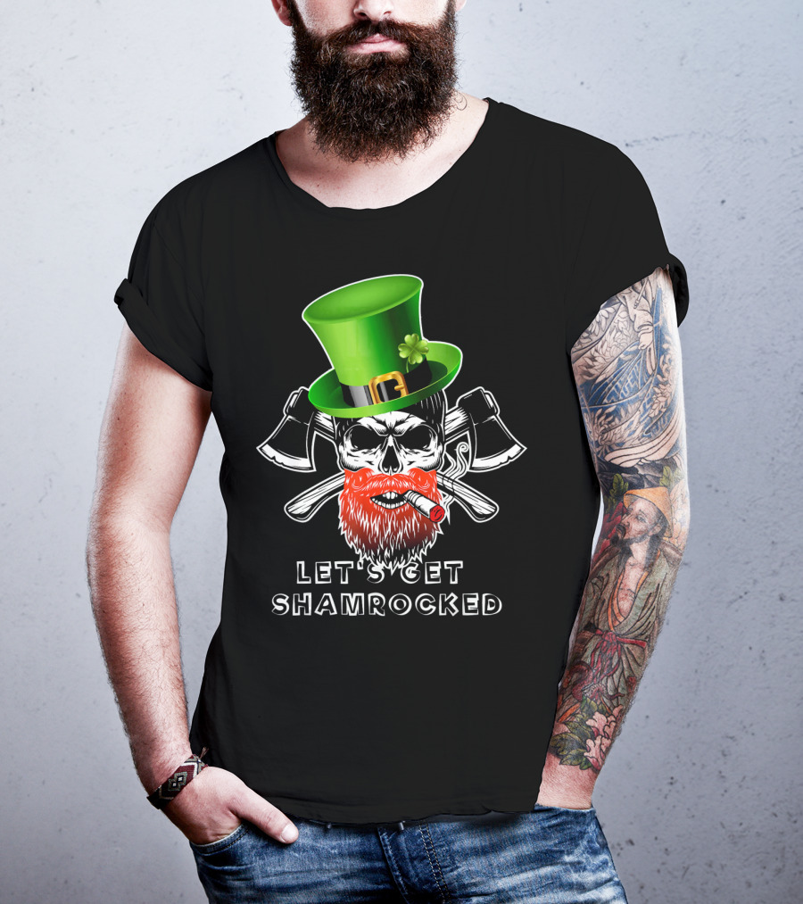 Let's Get Shamrocked St Patrick's Day Skull With Green Hat And Axes T-Shirt