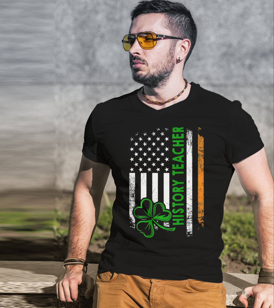 USA Flag Shamrock Irish History Teacher Histo T-Shirt