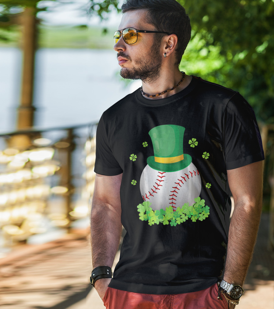 Baseball Leprechaun Hat With Shamrocks And Four-Leaf Clovers T-Shirt