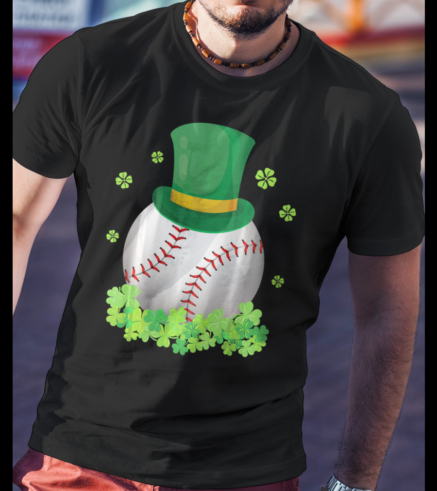 Baseball Leprechaun Hat With Shamrocks And Four-Leaf Clovers T-Shirt