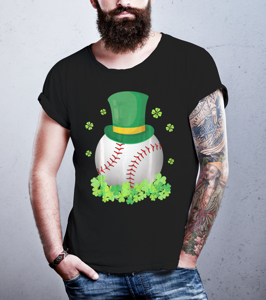 Baseball Leprechaun Hat With Shamrocks And Four-Leaf Clovers T-Shirt