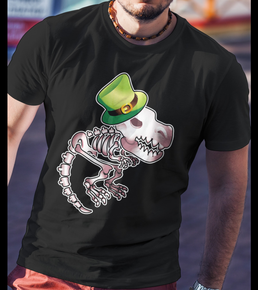 T Rex Dinosaur Skeleton With Green Leprechaun Hat T-Shirt