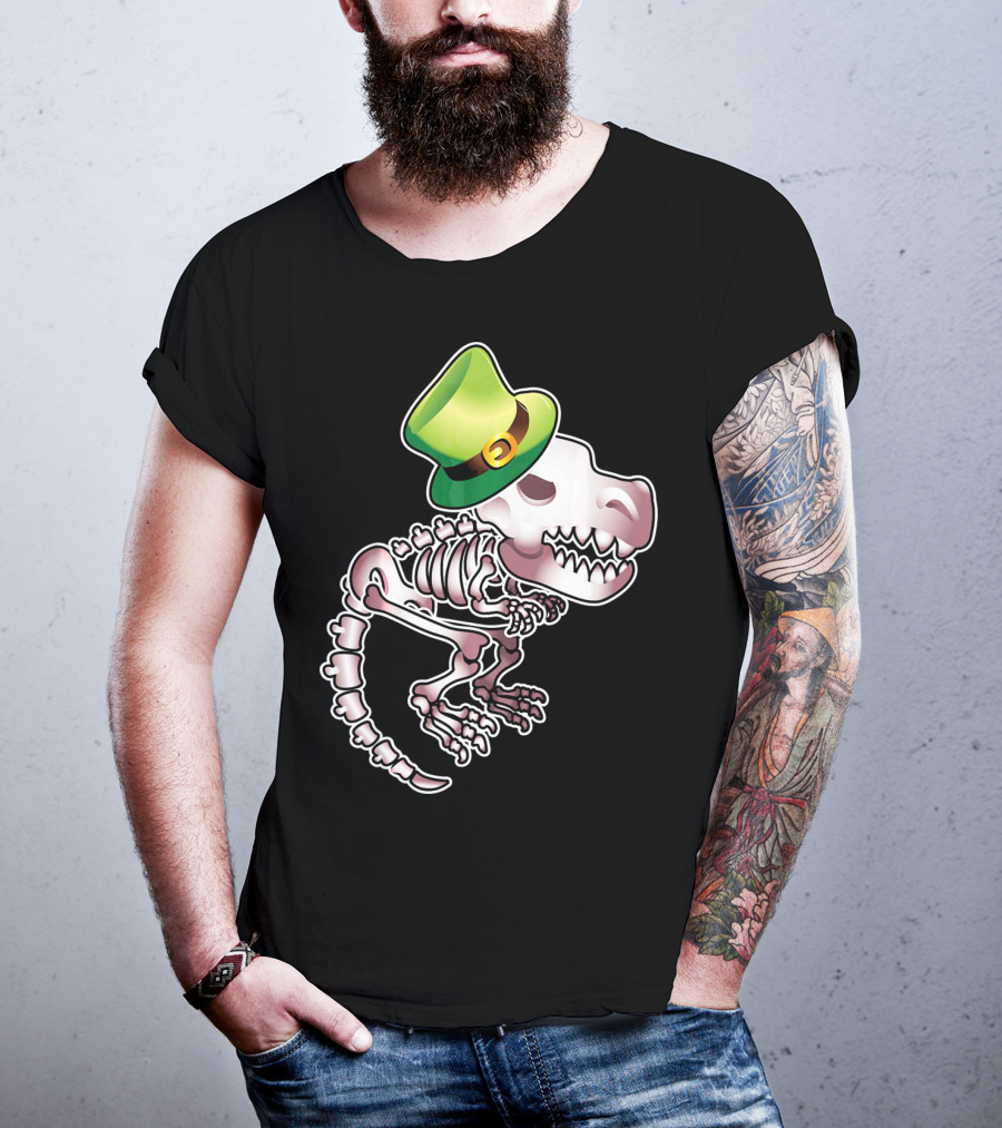 T Rex Dinosaur Skeleton With Green Leprechaun Hat T-Shirt