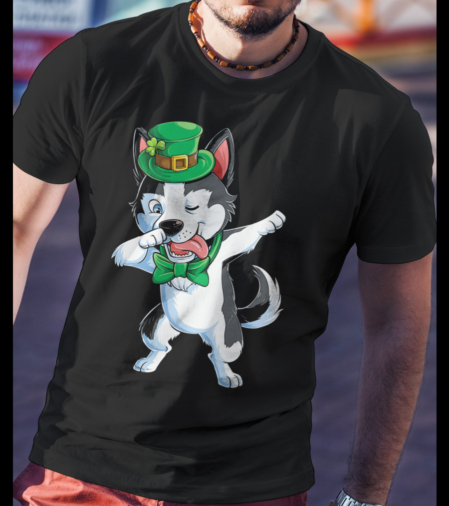Dabbing Siberian Husky St. Patrick’s Day Green Hat Bow Tie T-Shirt