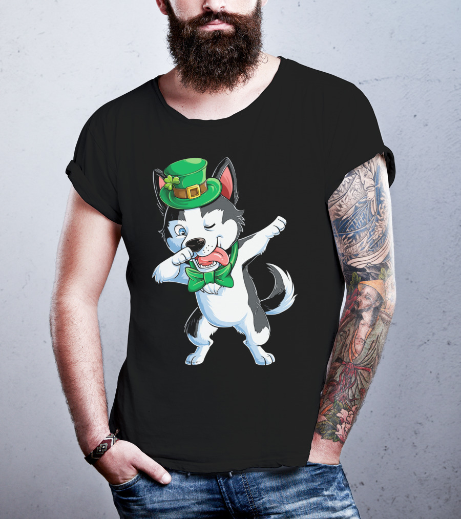 Dabbing Siberian Husky St. Patrick’s Day Green Hat Bow Tie T-Shirt