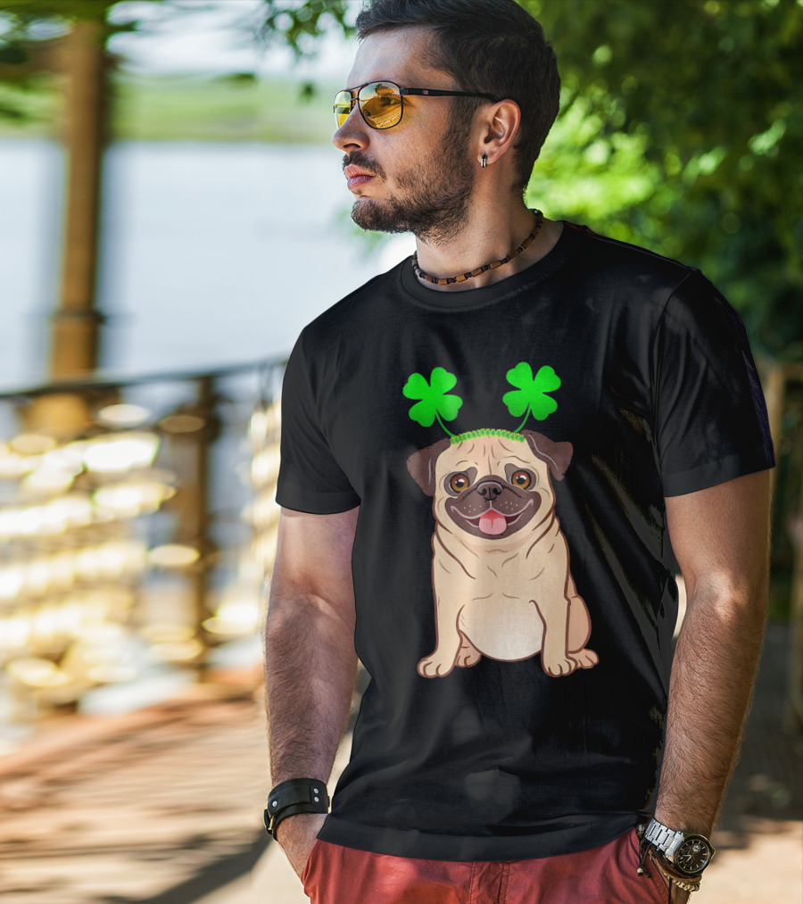 Cute Pug Adorned In Shamrock Headband With Happy Expression T-Shirt