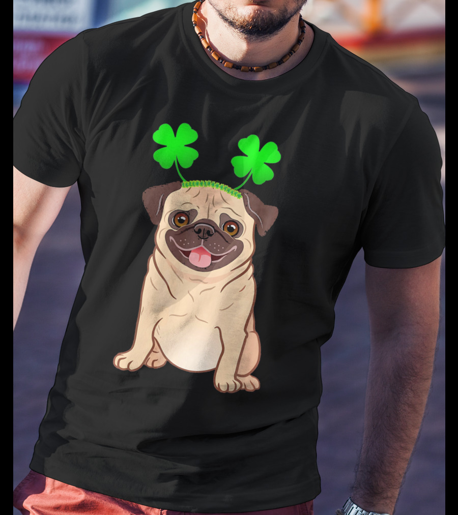 Cute Pug Adorned In Shamrock Headband With Happy Expression T-Shirt
