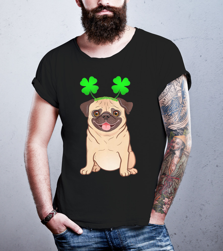 Cute Pug Adorned In Shamrock Headband With Happy Expression T-Shirt