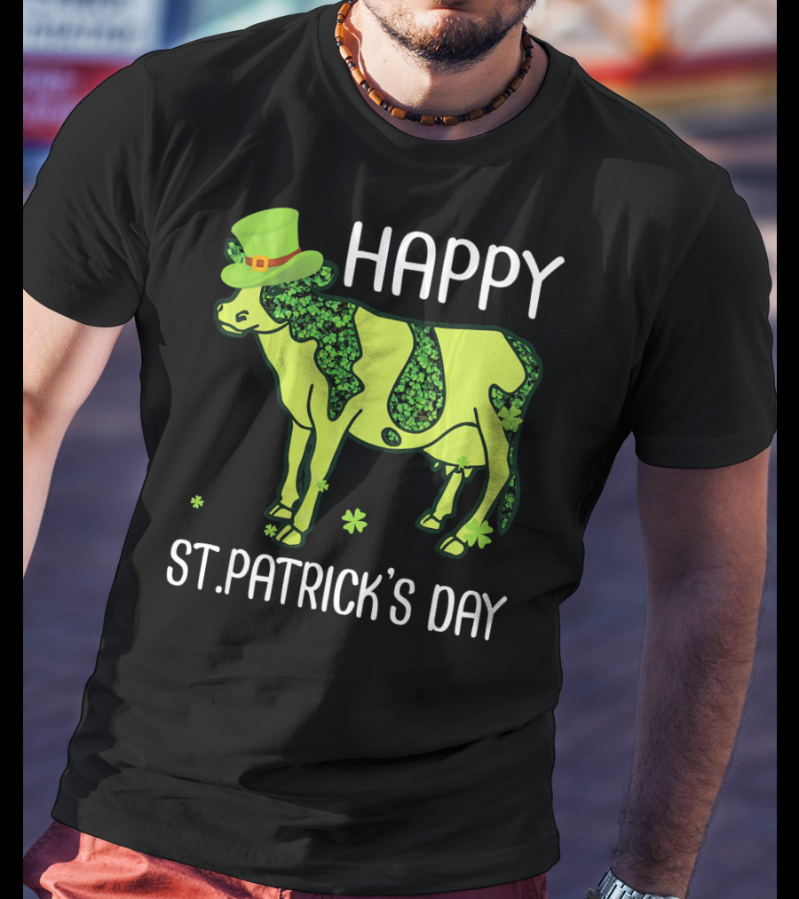 Happy St. Patrick's Day Shamrocks Cow Leprechaun T-Shirt