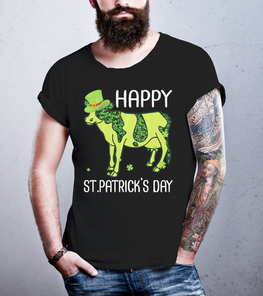 Happy St. Patrick's Day Shamrocks Cow Leprechaun T-Shirt