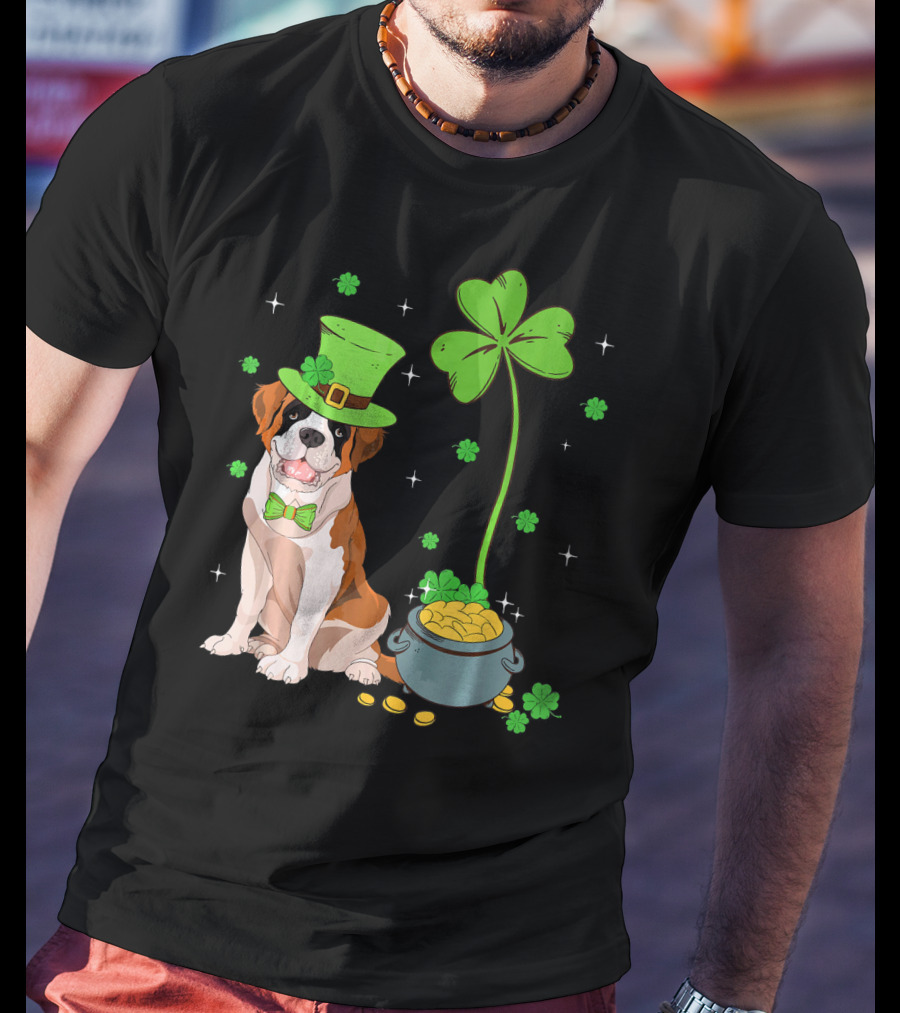 Shamrock Leprechaun Saint Bernard St Patrick's Day Dog Pot Of Gold T-Shirt