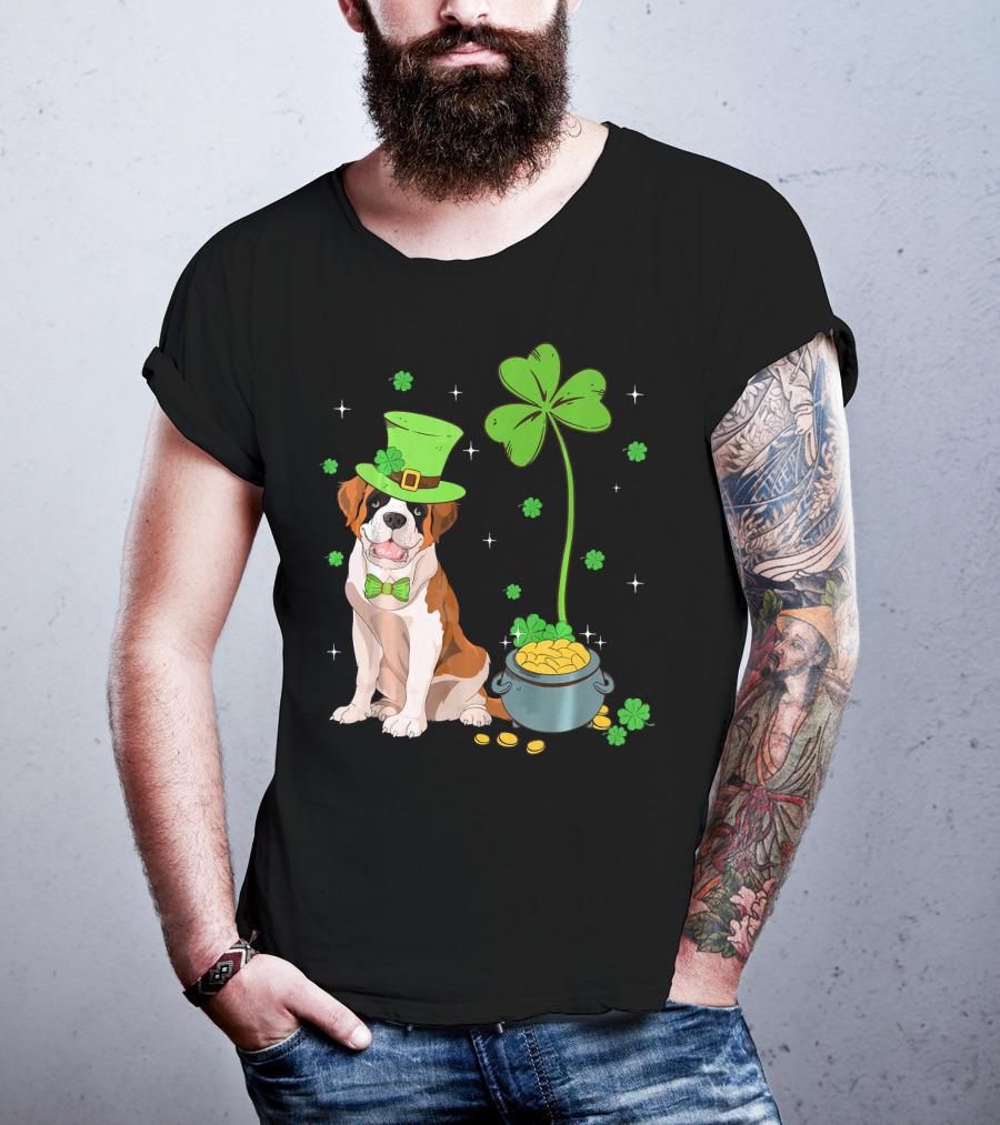 Shamrock Leprechaun Saint Bernard St Patrick's Day Dog Pot Of Gold T-Shirt