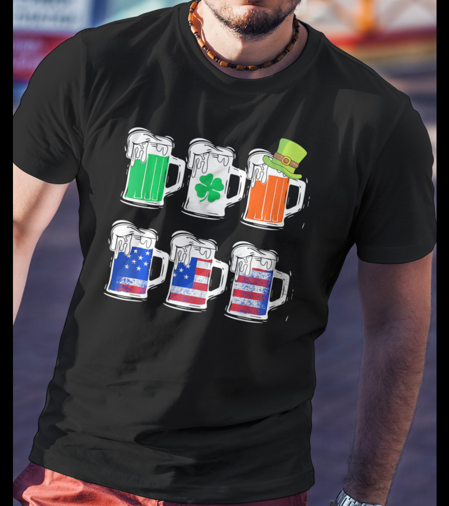 Saint Patricks Irish American Flag Beer Mug With Shamrock And Leprechaun Hat T-Shirt