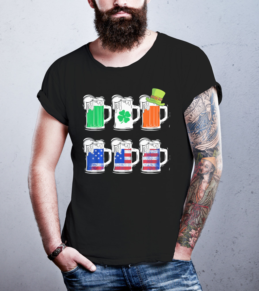 Saint Patricks Irish American Flag Beer Mug With Shamrock And Leprechaun Hat T-Shirt