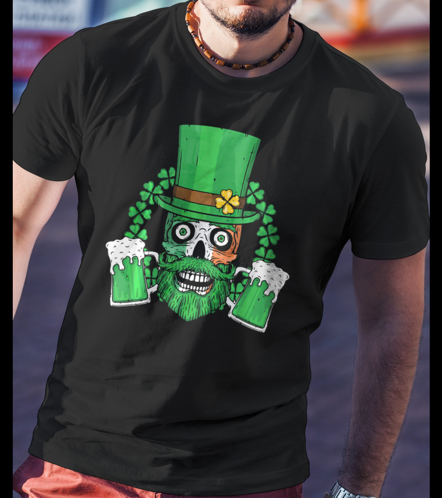 Irish Flag Leprechaun Skull With Shamrock And Beer Mugs T-Shirt