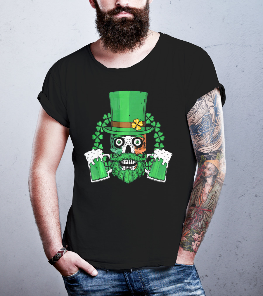 Irish Flag Leprechaun Skull With Shamrock And Beer Mugs T-Shirt