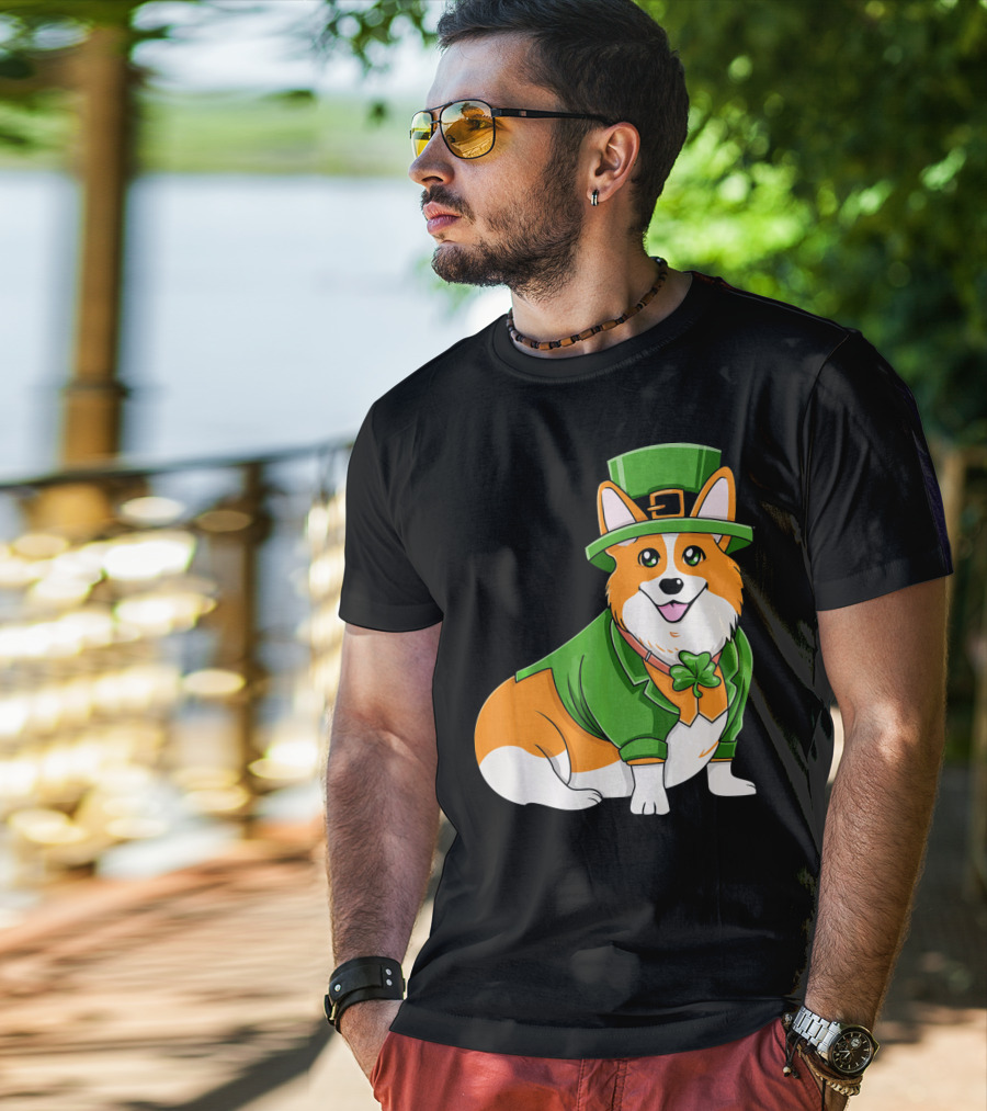 St Patricks Day Corgi Irish Dog In Leprechaun Hat And Green Suit T-Shirt