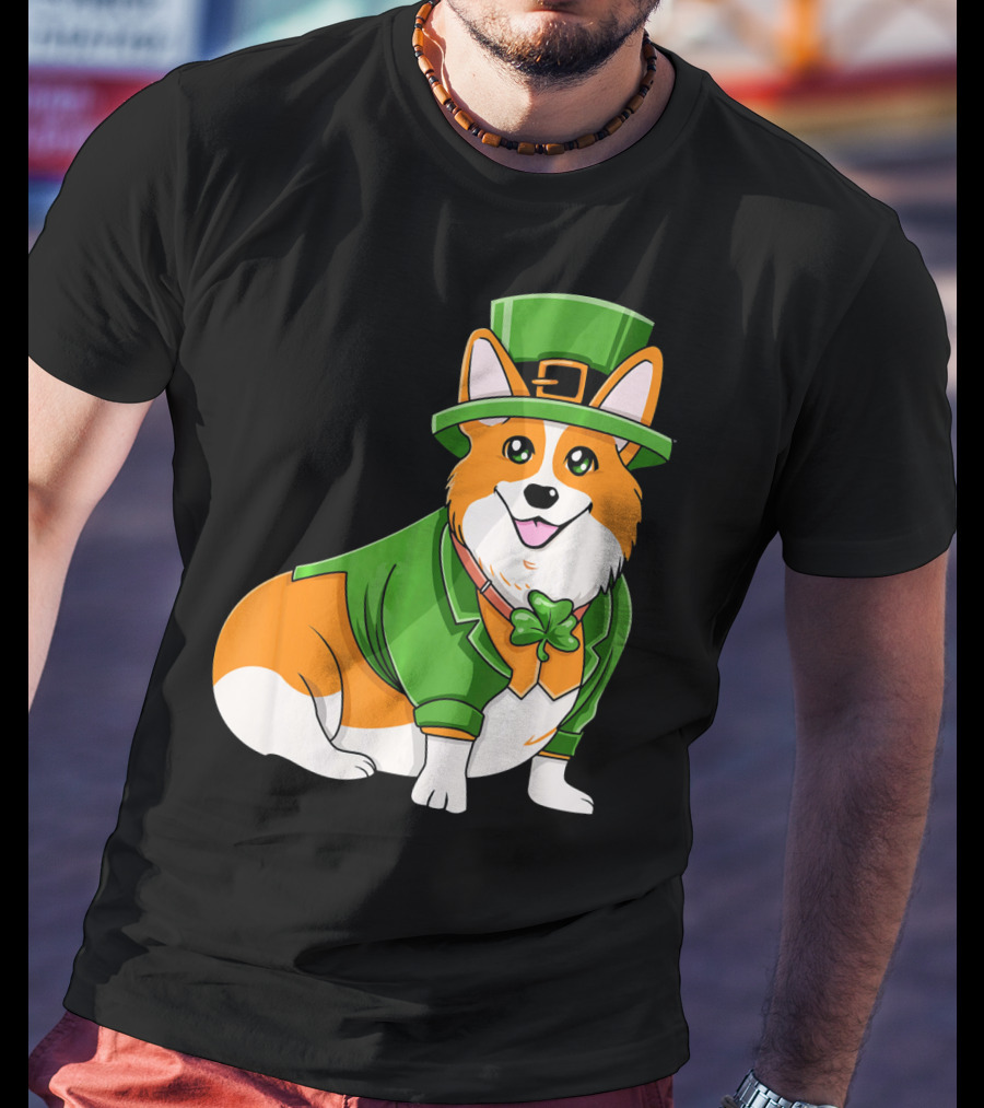 St Patricks Day Corgi Irish Dog In Leprechaun Hat And Green Suit T-Shirt