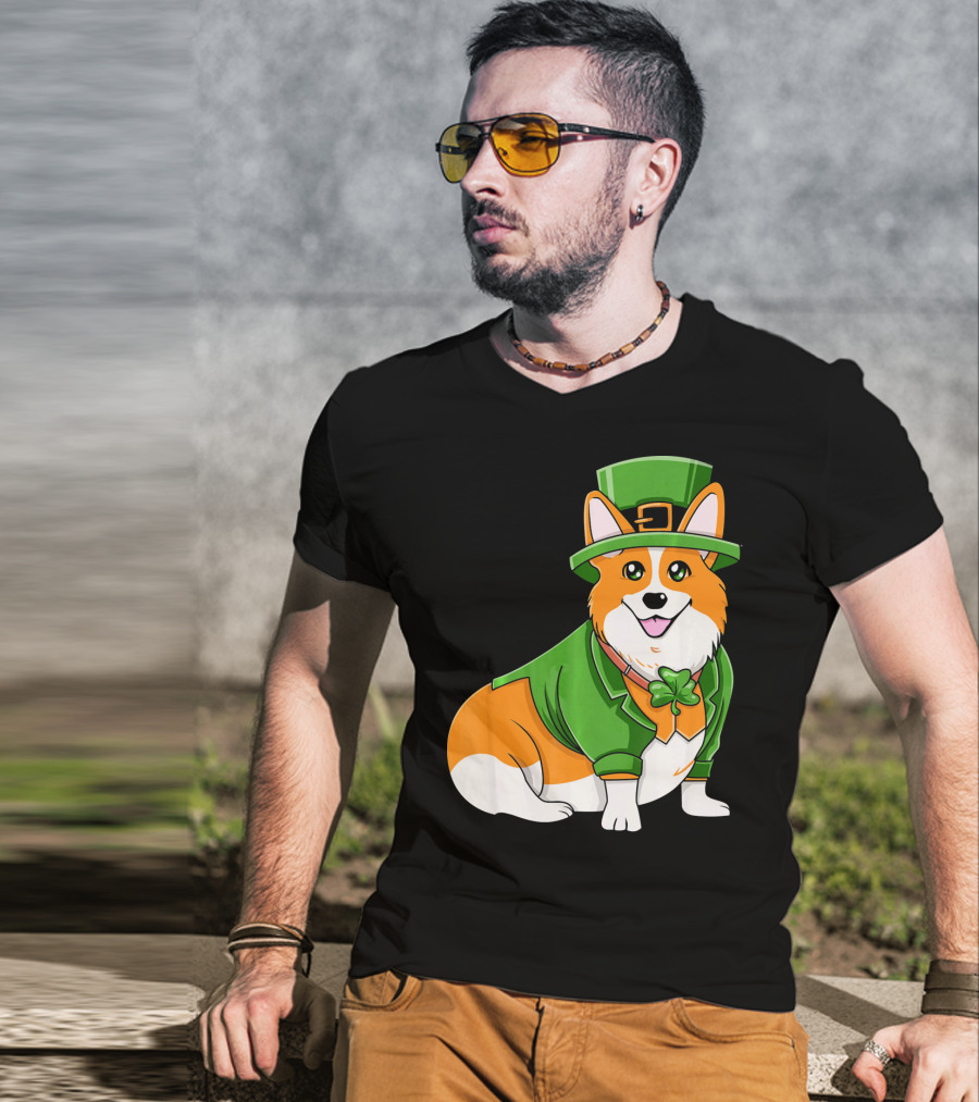 St Patricks Day Corgi Irish Dog In Leprechaun Hat And Green Suit T-Shirt