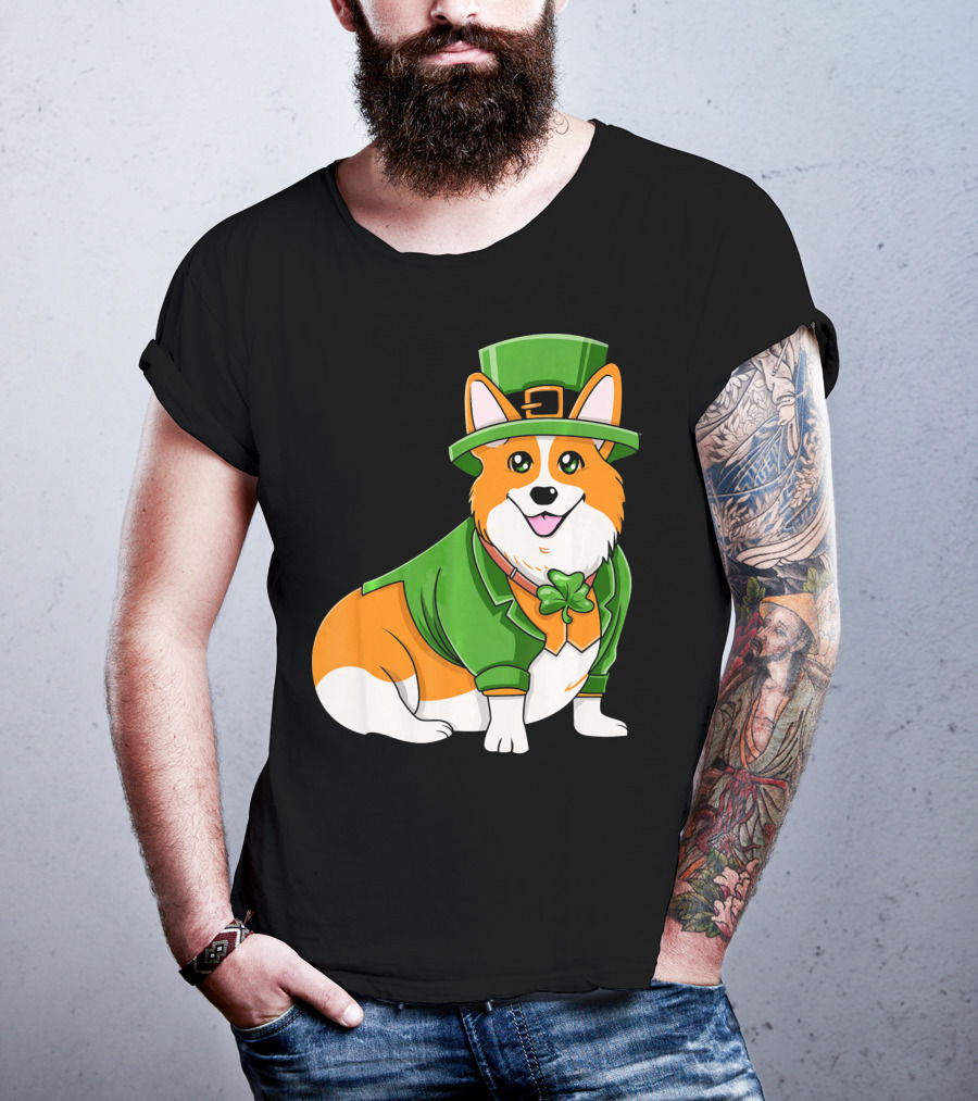 St Patricks Day Corgi Irish Dog In Leprechaun Hat And Green Suit T-Shirt